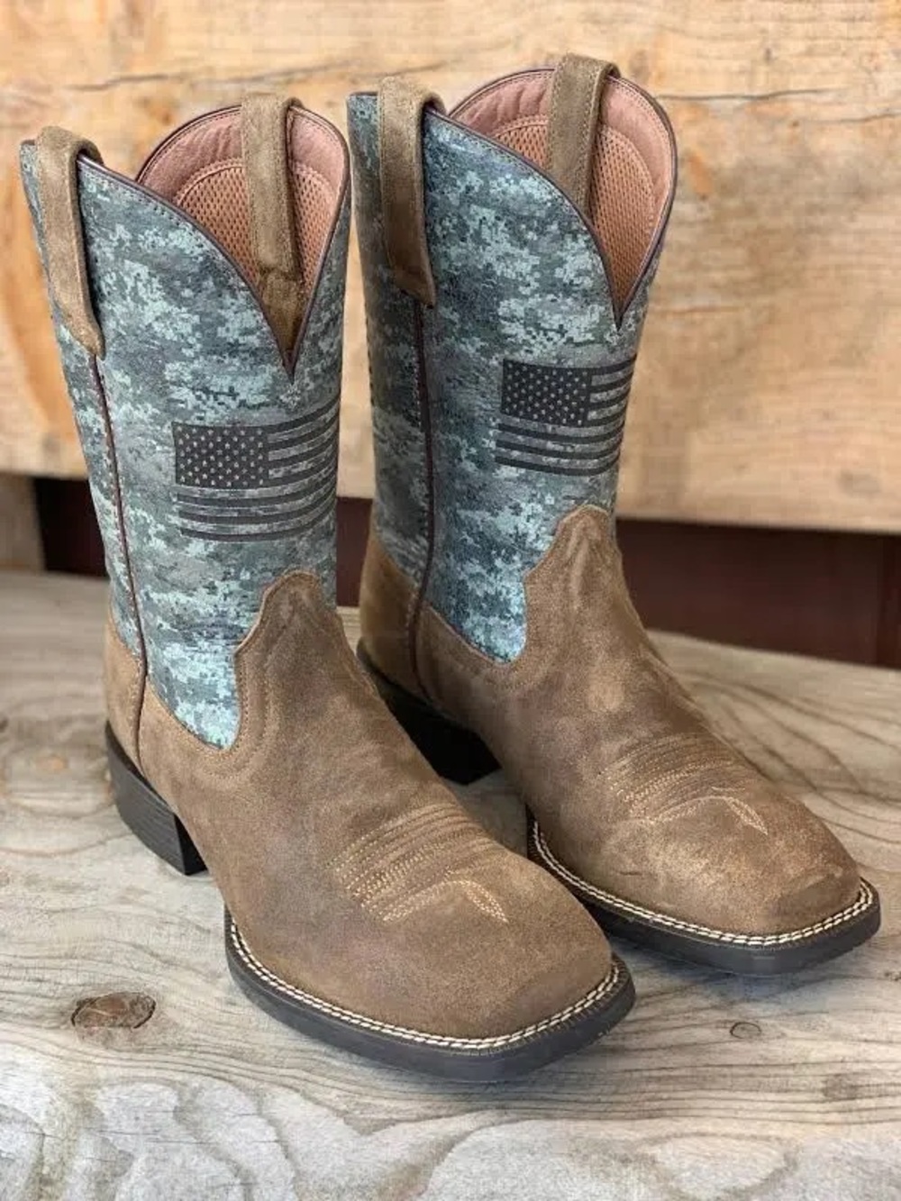 Ariat Patriot Camo US Flag Square Toe Western Boots Size 10D